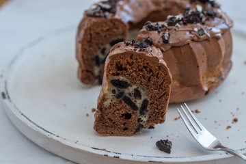 home made Chocolate Oreo Bundt Cake on a table