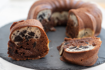 home made Chocolate Oreo Bundt Cake on a table