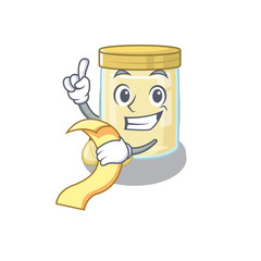 A funny cartoon character of macadamia nut butter holding a menu
