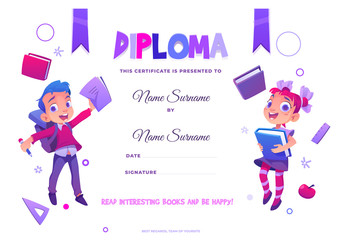 Kids school diploma certificate happy children with books jumping, boy and girl preschool or kindergarten graduation document, creative template with place for filling name cartoon vector illustration