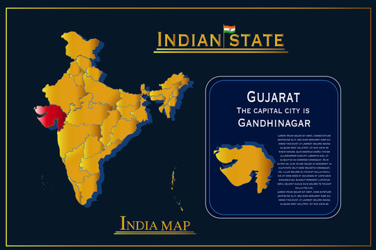  Detailed vector India country outline border map  on background.Gujarat state