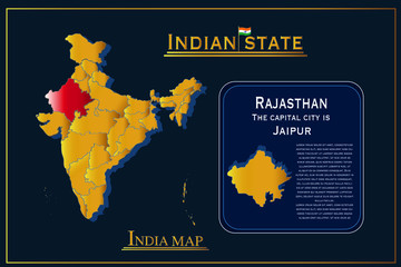  Detailed vector India country outline border map  on background.Rajasthan state