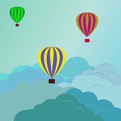 Three multi-colored balloon over fluffy clouds