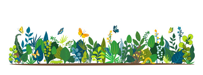 Beautiful floral background, panorama. Leaves, colorful flowers, caterpillars, butterflies. Bright spring and summer set for cover social network, banner, invitation, wedding. Vector illustration.