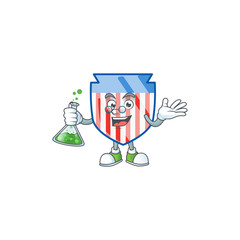 A genius Professor USA stripes shield cartoon character with glass tube