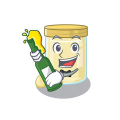 mascot cartoon design of macadamia nut butter with bottle of beer