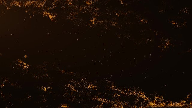 gold particles abstract background with flare shining floor particle stars dust.Beautiful golden futuristic glittering fly movement flickering loop in space on black background.
