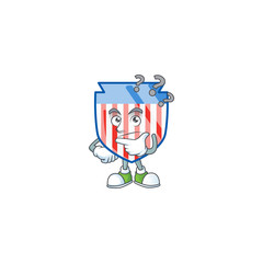 USA stripes shield cartoon mascot style in a confuse gesture