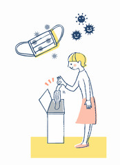 使用済みマスクをゴミ箱に入れる女性