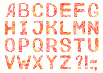 Latin alphabet with coral watercolor  letters. Hand-painted illustration. English alphabet. Isolated on white background. Yellow-red textured watercolor font. Spring, summer, holiday, birthday font.