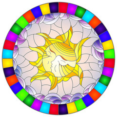 Illustration in the style of a stained glass window with abstract sun in bright frame,round image