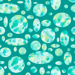 Geometric blue-green watercolor ellipses abstract background with splashes, drops. Hand-painted. Seamless pattern. Watercolor stock illustration. Design for backgrounds, wallpapers, textile, covers.