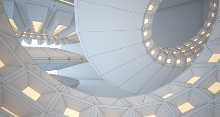 Abstract drawing architectural background. White interior with discs and neon lighting. 3D illustration and rendering.