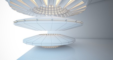 Abstract drawing architectural background. White interior with discs and neon lighting. 3D illustration and rendering.