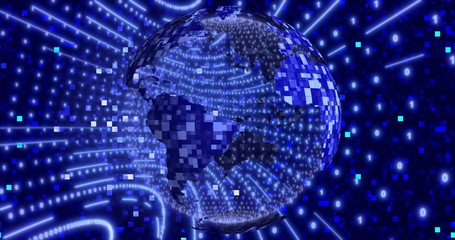 Neon Digital binary background with rotating Blue Planet earth. animation for network, digital event. 3D illustration