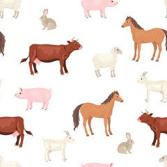 Farm animals seamless pattern. Vector illustration of  horse, cow, goat, sheep, pig and rabbit  isolated on white background. Cartoon simple flat style.