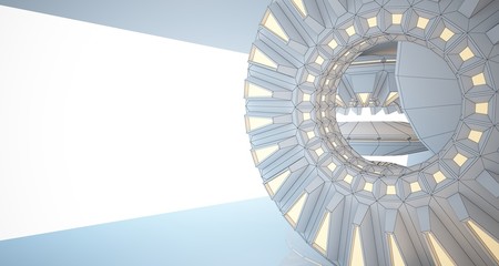 Abstract drawing architectural background. White interior with discs and neon lighting. 3D illustration and rendering.