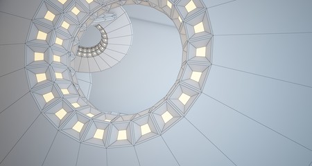 Abstract drawing architectural background. White interior with discs and neon lighting. 3D illustration and rendering.
