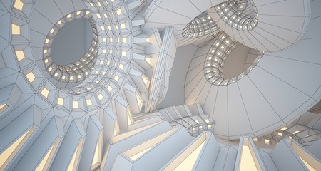 Abstract drawing architectural background. White interior with discs and neon lighting. 3D illustration and rendering.