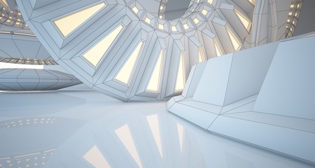 Fototapeta premium Abstract drawing architectural background. White interior with discs and neon lighting. 3D illustration and rendering.