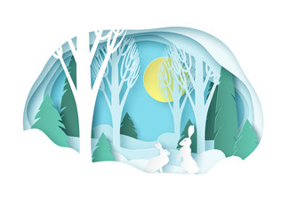 Winter paper landscape. Snowy forest with trees without leaves and fir trees. Snowdrifts, snow, sunny day. Glade with two rabbits. Vector