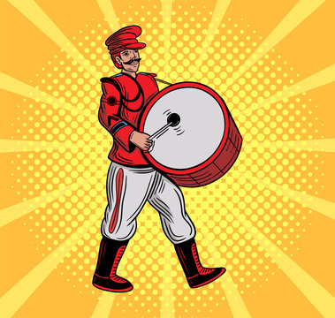 brass band character in red dress playing drum vector