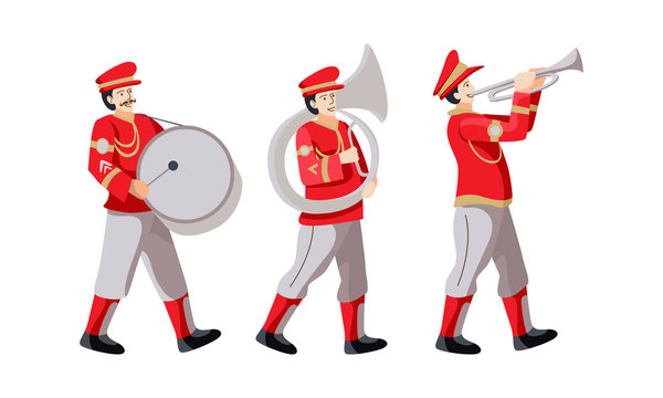 Music Brass Band Characters Marching In Red Dress Vector