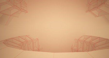 Abstract drawing architectural background. White interior with discs and sunlight. 3D illustration and rendering.