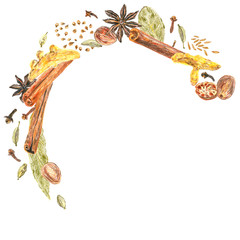 Frame and background with spices on a white background. Drawing with colored pencils.