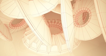 Abstract drawing architectural background. White interior with discs and sunlight. 3D illustration and rendering.