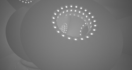 Abstract architectural background, white interior with discs.Neon lighting. 3D illustration and rendering.