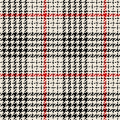 Seamless glen plaid pattern. Hounds tooth check plaid tartan background texture in black, red, and off white for jacket, skirt, or other modern autumn, winter, or spring tweed textile design.