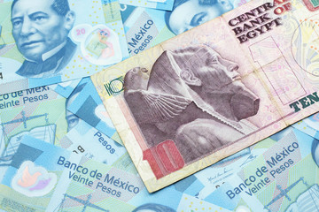 Fototapeta premium A close up image of an Egyptian ten pound bank note with Mexican twenty peso bank notes in macro