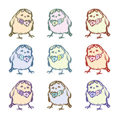 Set of birds of different colors. Vector illustration in cartoon style. Hand drawn. On white background.