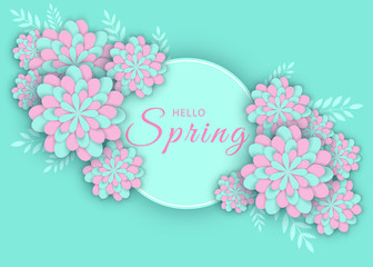 Beautiful Spring Background. Gerbera Flower Background and Spring is coming Lettering. Spring floral banner with paper cut blooming pink cherry flowers on blue background for seasonal design of banner