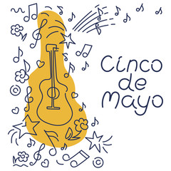 Cinco de Mayo, federal holiday in Mexico. May 5. Vector hand drawn lettering, Doodle background. Poster music concert, festival