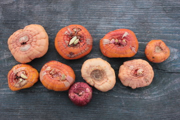 Close-up of gladiolus bulbs ready for planting. Yellow, orange, purple, small and large gladiolus bulbs on old rough wooden background. Top view