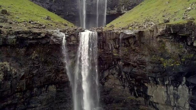 Aerial view of Fossa waterfall, largest waterfall on the Faroe Islands.	