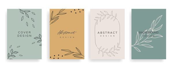 Social media stories and Main Feed cover.  Background template with copy space for text and images, Tropical line arts , floral and leaves in warm earth tone vector illustration.