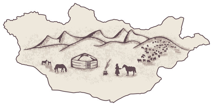 Sketch - life in Mngolia on the background of the map
