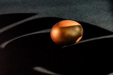 Golden egg on black background . A symbol of making money and luxury life. copy space