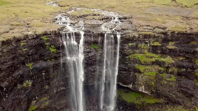 Aerial view of Fossa waterfall, largest waterfall on the Faroe Islands.	