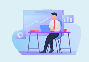 businessman work in laptop with graph and chart as background with flat style