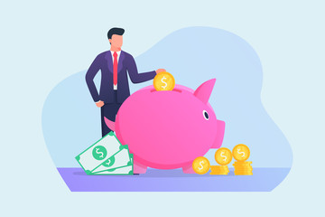 business man saving money in piggy bank concept with flat style