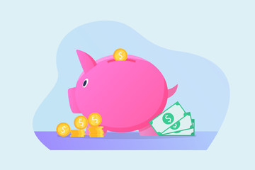 saving piggy bank isolated concept with money and modern flat style