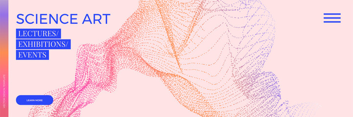 Panoramic science or technology background with dynamic particles. Trendy colourful design template. Applicable for banners, flyers, covers, presentations, identity, landing pages, websites.