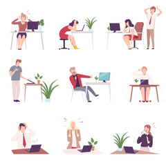Fototapeta na wymiar People Looking Scared into Computer Screen Set, Young Men and Women Sitting at the Desk Working PC Flat Vector Illustration