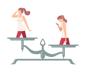 Obraz premium Girl Looking into the Distance is on One Side of Scale, Girl with Smartphone on the Other, Scales with Bad and Good Habits, Choosing Between Healthy and Unhealthy Lifestyle Flat Vector Illustratio