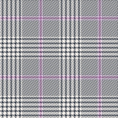 Glen check plaid pattern. Seamless hounds tooth vector plaid background texture in grey and purple pink for jacket, skirt, coat, dress, or other modern spring or autumn tweed textile design.