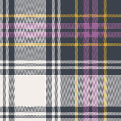 Tartan plaid pattern background. Seamless herringbone check plaid graphic in grey, purple pink, yellow, and white for scarf, flannel shirt, blanket, throw, or other modern winter fabric design.
